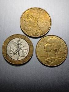 lot 93 image: 5F BELGIUM BELGIQUE 1986, FRANCE 10 FRANCS 1989, FRANCE 20 CENTIMES 1988