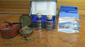 lot 75 image: BOY SCOUTS OF AMERICA COMPASS W CARRYING CASE, 2 of 4 WILLIAM ADAMS COBALT GLASS SILVERPLATED SALT &amp PEPPER SHAKERS W CASE, LABRADOR &amp PUPPY ETCHED CRYSTAL PAPER WIEGHT
