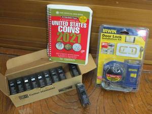 lot 97 image: BOX OF 10 CIRCUIT BREAKERS, U.S. COINS 2021 THE OFFICIAL RED BOOK 74th EDITION, IRWIN DOOR LOCK INSTALLATION KIT