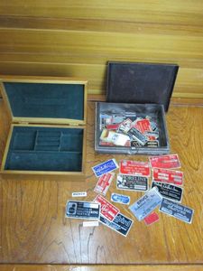 lot 96 image: VINTAGE INDUSTRIAL &amp BUSINESS NAME ALUMINUM PLATES, WOODEN JEWELRY BOX