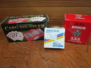 lot 108 image: CARD SHUFFLER, ALPHA BONUS 555 (6) NEW DECKS OF PLAYING CARDS, SPORTS MINI HD DV CAMERA