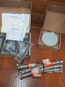 lot 109 image: 12 COMPRESSION QUICK FIX CONNECTOR BUNDLE, HIGH PRESSURE 6 RAIN SHOWER HEAD NEW, RAVINTE CABINET HARDWARE HANDLES, NEW, DAMAGED BOX