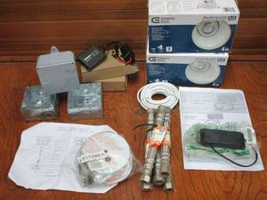 lot 126 image: JUNCTION BOXES, 12 QUICK FIX CONNECTOR, (2) COMMERCIAL ELECTRIC WHITE BAFFLE RECESSED KIT, EPIPHANY LIGHTING PRODUCTS, BRAKE LIGHT SWITCH ASSEMBLY, (2) MOGOBE BALLASTS, ALL ITEMS APPEAR NEW