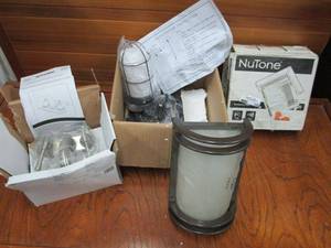 lot 130 image: 2 HANDLE BATH FAUCET, (2) LIGHT FIXTURES, NUTONE VENTILATION FAN, NEW ITEMS DAMAGED BOXES