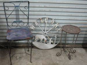lot 133 image: METAL OUTDOOR CHAIR, SIDE TABLE &amp WELCOME DECOR