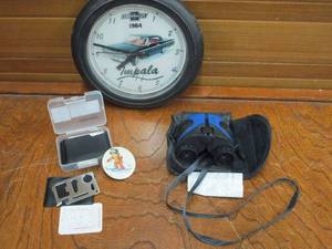 lot 153 image: WALL CLOCK W 1964 IMPALA, 8x21 BINOCULARS W CASE, VINTAGE SKIIER PIN, (6) STAINLESS STEEL CREDIT CARD MULTI TOOLS W CASE