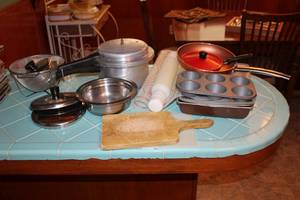 lot 30 image: Baking Pans, Pressure Cooker, Strainer and Skillets