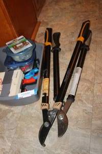 lot 28 image: Garden Tools and Hand Tools Two Fiskars Branch Trimmers, Drill, Pliers and More