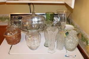 lot 133 image: Lidded Cake Platter and Glass Vases