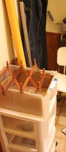 lot 143 image: Accordion Mug Rack, Projector Screen, Plastic Storage Drawers and Contents
