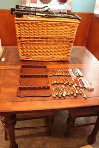lot 141 image: Souvenir Spoons Collection, Wooden Display Rack for Spoons, Folding Shopping Cart and Picnic Basket