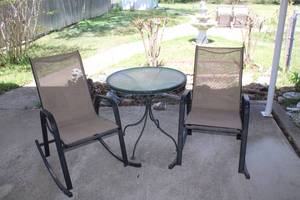 lot 172 image: Patio Furniture 2 Mesh Rocking Chairs with Metal Frames and Glass Top Table