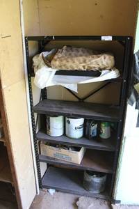 lot 177 image: Metal Storage Rack and Contents Bar & Chain Oil, Yard Sprayer, Paint and More