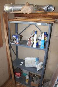 lot 183 image: Metal Storage Rack and Contents Dryer Vent, Weed Killer, Roof Cement and More