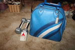lot 63 image: Exercise Lot Bowling Ball with Bag and 5Lb Weights, Plus Zippo Lighter