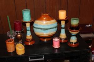 lot 62 image: Candle and Vase Set Blue and Brown Striped Design and More