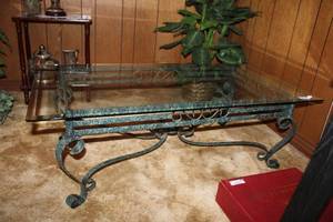 lot 41 image: Glass Top Coffee Table with Green Painted Wrought Iron Base