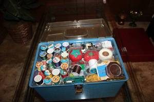 lot 43 image: Sewing Lot Box full of Threads and misc.
