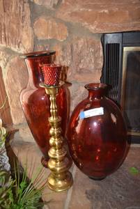 lot 56 image: Home Dcor Two Large Red Glass Vases (17 and 22)and Brass Candle Holder (18 plus Votive)