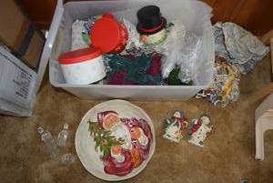lot 167 image: Christmas Decorations Santa Platter, Snowmen Figurines, Sleigh, Round Boxes and More