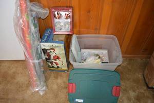 lot 170 image: Christmas Decorations Wrapping Paper, Musical Santa Claus, Angel Tree Topper, Glass Ornaments