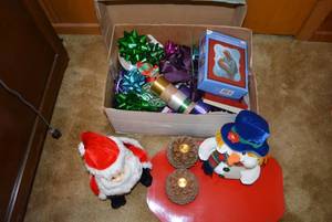 lot 171 image: Christmas Decorations Plush Santa and Snowman, Pine Cone Candle Holders, Ribbons and Bows