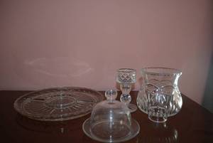 lot 95 image: 2-Piece Lead Crystal Candle Holder, Princess House Lidded Butter Dish, and Relish Platter