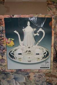 lot 114 image: Silver Set 4 Pc. Coffee Set with 12 Round Tray in Original Box