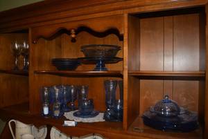 lot 120 image: Blue Depression Glass Dish Set and Blue Stemmed Wine Glass Set
