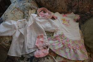 lot 188 image: Newborn Outfit Disney Winnie the Pooh and Piglet Onesie, Skirt, Buttoned Shirt, Pink Booties and Headband