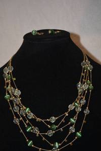 lot 202 image: Multi (5) strand faux Cats Eye glass station bead necklace and matching earrings demi parure set