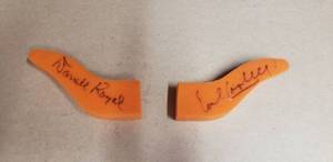 lot 250 image: Earl Campbell & Darrell Royal Autographed Foam  Longhorn Horns