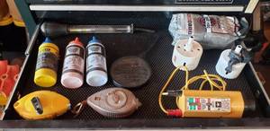 lot 416 image: Lot of Miscellaneous Tools -Chalk Lines, Chalk, Hole Saw Bits, Volt Meter & More
