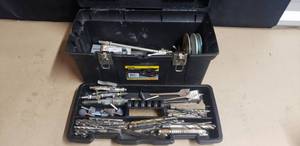 lot 435 image: Tool Box w Tools - Drill Bits, Air Tools, Chainsaw Chains, Pulleys & More