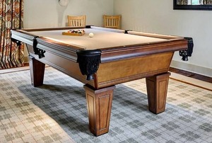lot 39 image: Beautiful Full Size Solid Wood Pool Table w 3-Piece Slate Top, Balls, Racks and 3 Pool Cues (Pool table is already disassembled and ready to load)