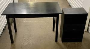 lot 32 image: Black Wooden Table wDrawer Black Wooden Shelf wDrawer