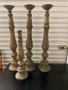 lot 175 image: 3 Tall Wooden Candle Holders and 1 Short Base Candle Holder