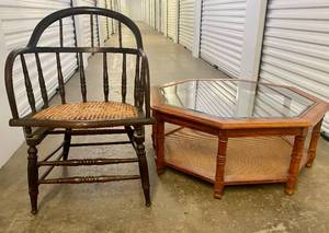 lot 34 image: Vintage Rocking Chair and Vintage Glass Top Coffee Table wwicker bottom