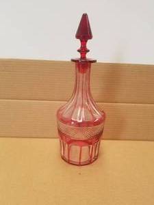lot 205 image: Vintage red glass decanter with stopper - about 13 tall
