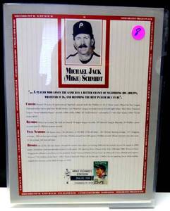 lot 8 image: RARE - MIKE SCHMIDT HIGHLIGH BIO DISPLAY (8.5 X 11) FROM MIKE SCHMIDT STATION - MAY 26, 1990 $$
