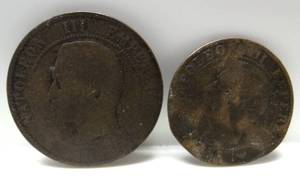 lot 52 image: Rare 1855 Napoleon 111 Bronze 10 Centimes Coins $$