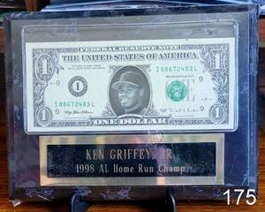 lot 175 image: CUSTOM WALL PLAQUE - KEN GRIFFEY JR UNIQUE $1 NOTE WITH BIO STAT PLATE $$