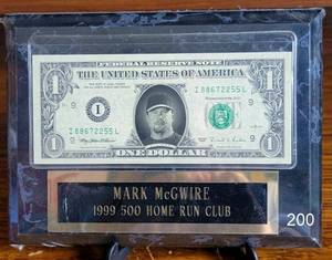 lot 200 image: CUSTOM WALL PLAQUE - MARK MCGUIRE UNIQUE $1 NOTE WITH BIO STAT PLATE $$