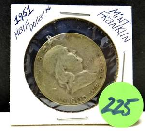lot 225 image: 1951 SILVER BEN FRANKLIN HALF DOLLAR CARDED
