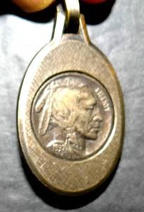 lot 240 image: AWESOME BUFFALO NICKEL PENDANT - APPEARS TO BE BRASS COLOR FINISH