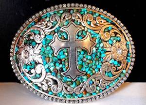 lot 33 image: BEAUTIFUL OVAL COWBOY STYLE BELT BUCKLE BY NOCONA BUCKLES - GREEN STONESILVER TONE W CROSS