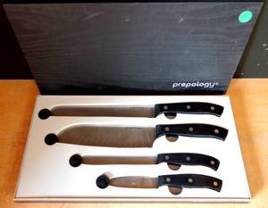 lot 92 image: Prepology 4 Pc Stainless Cutlery Set w Wood Case (QVC ON LINE ITEM)