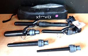 lot 93 image: XTAVA XTV020031PRD Black Handheld Corded Hair Curling Iron w5 INTERCHANGABLE HEADS & Case