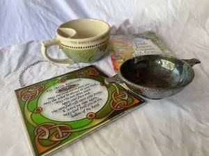 lot 25 image: Celtic Silver Plate Bowl, Ceramic Soup Cup, Irish Blessing
