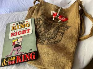 lot 26 image: Signed Spoonfed Tribe Stick, Burlap Bag, Metal Sign, Rubber Knight